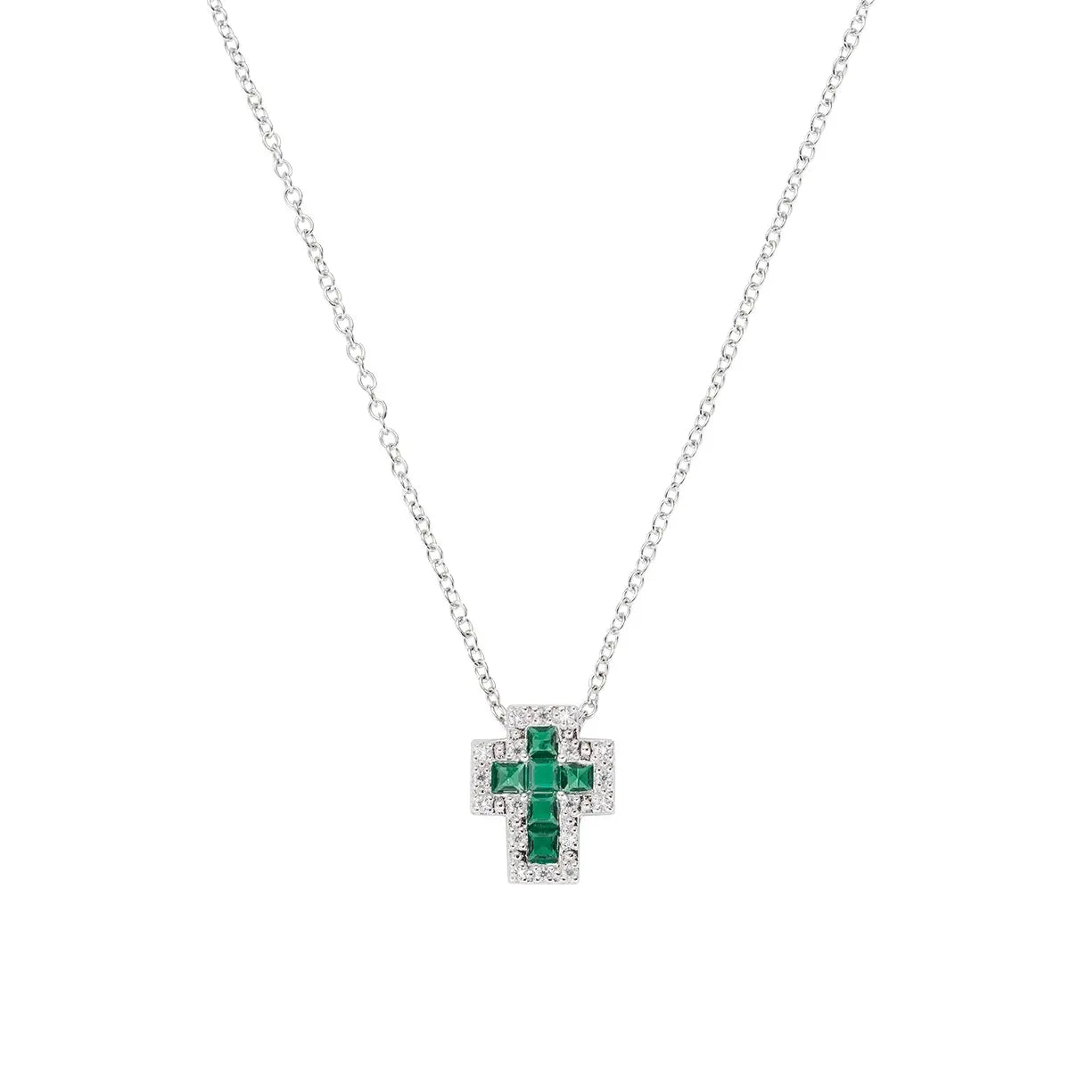 Collana mini Doppia Croce con Zirconi Bianchi e Verde