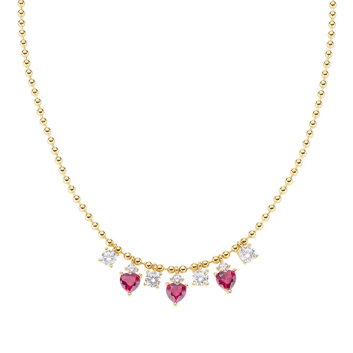 Collana Chandelier Princess Dorata con Zirconi Bianchi e Cuori Rubino