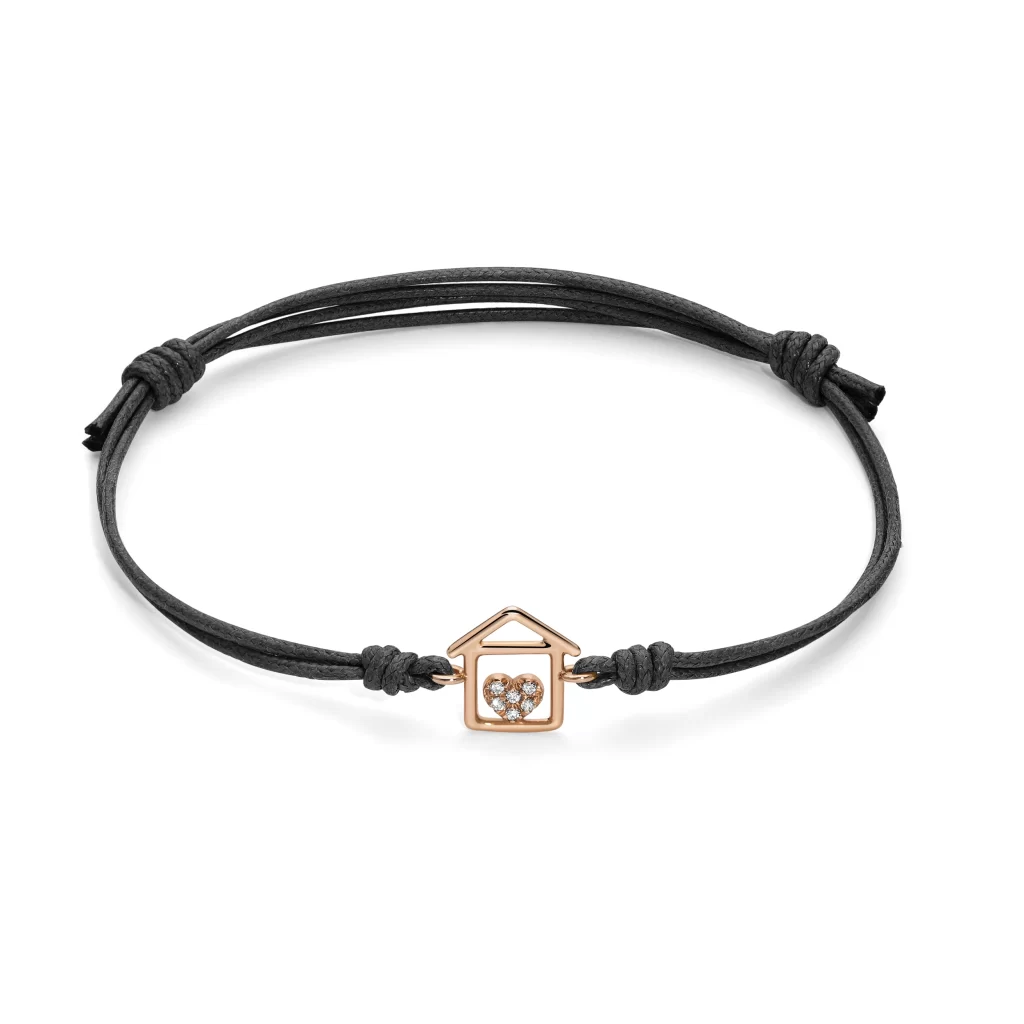 Bracciale cordino con casa a filo e cuore con diamanti