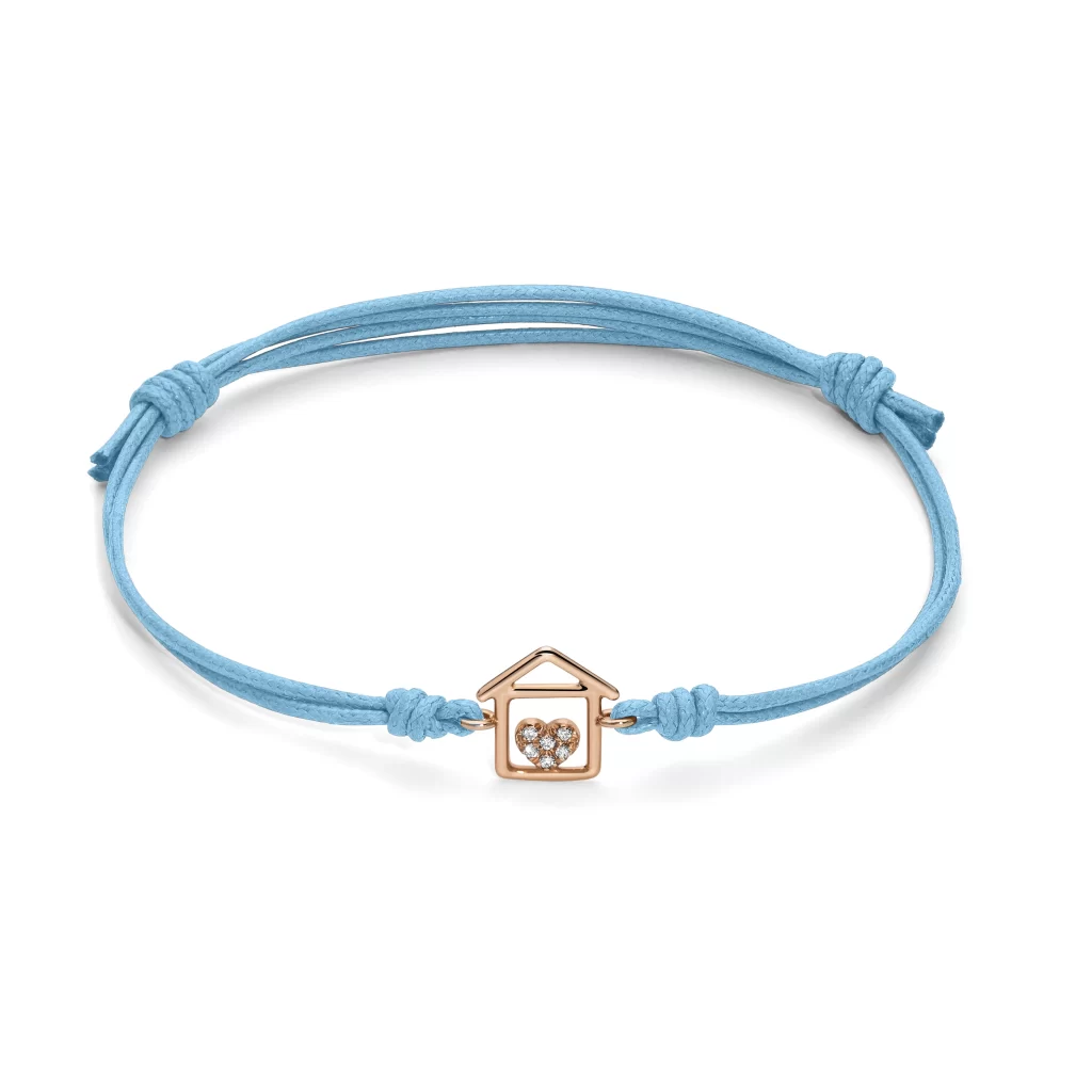 Bracciale cordino con casa a filo e cuore con diamanti