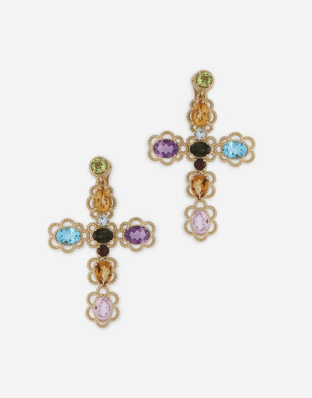 Orecchini a croce in oro giallo 18Kt con gemme colorate