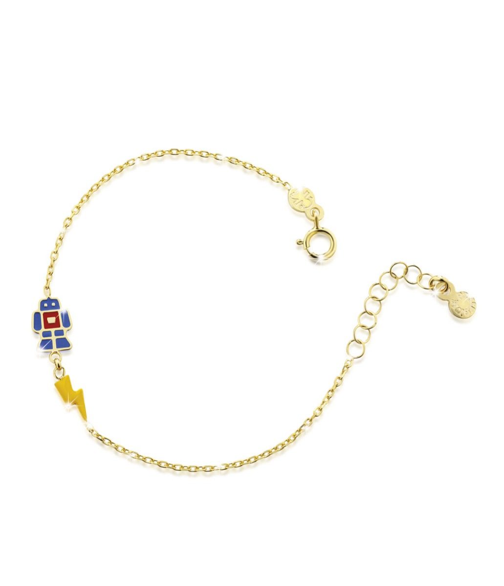 Bracciale in oro giallo con robot e fulmine con smalto colorato